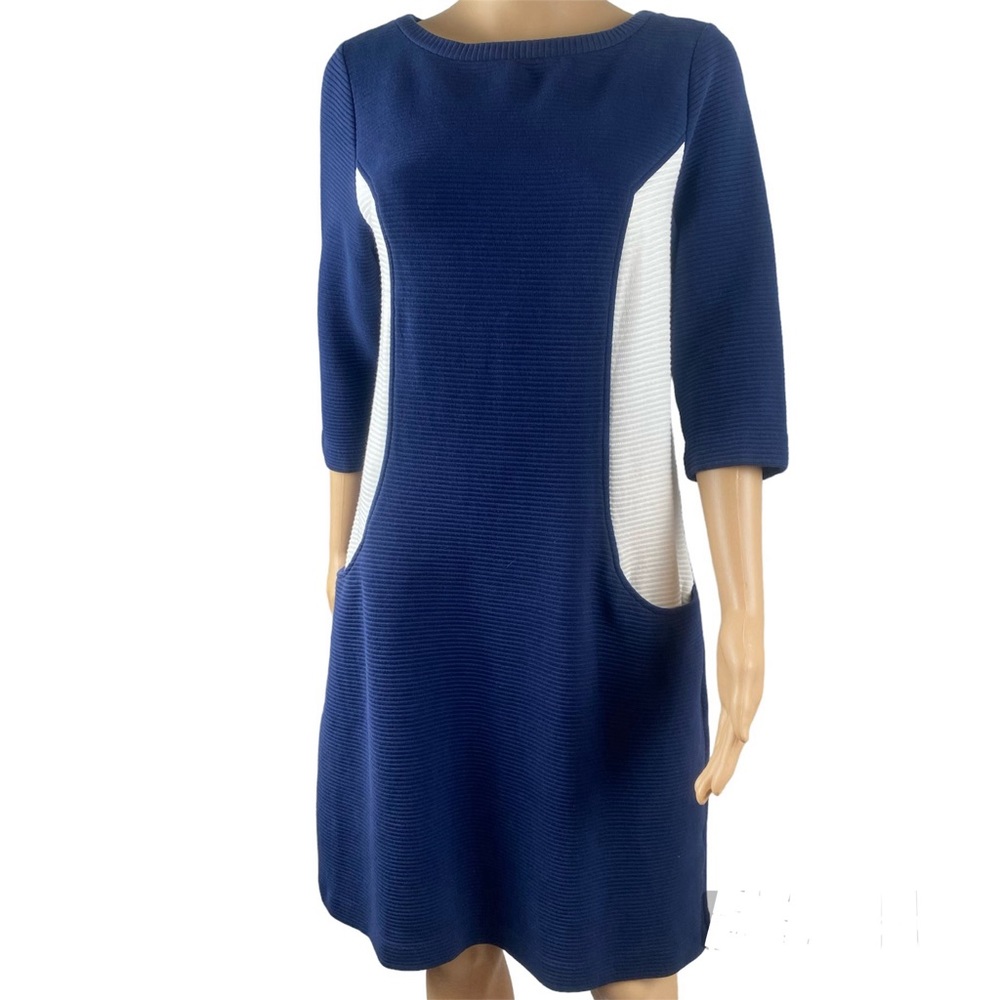 Boden Blue/White Color-block Ottoman Ribbed Shift Dress 3/4 sleeves 10 Long